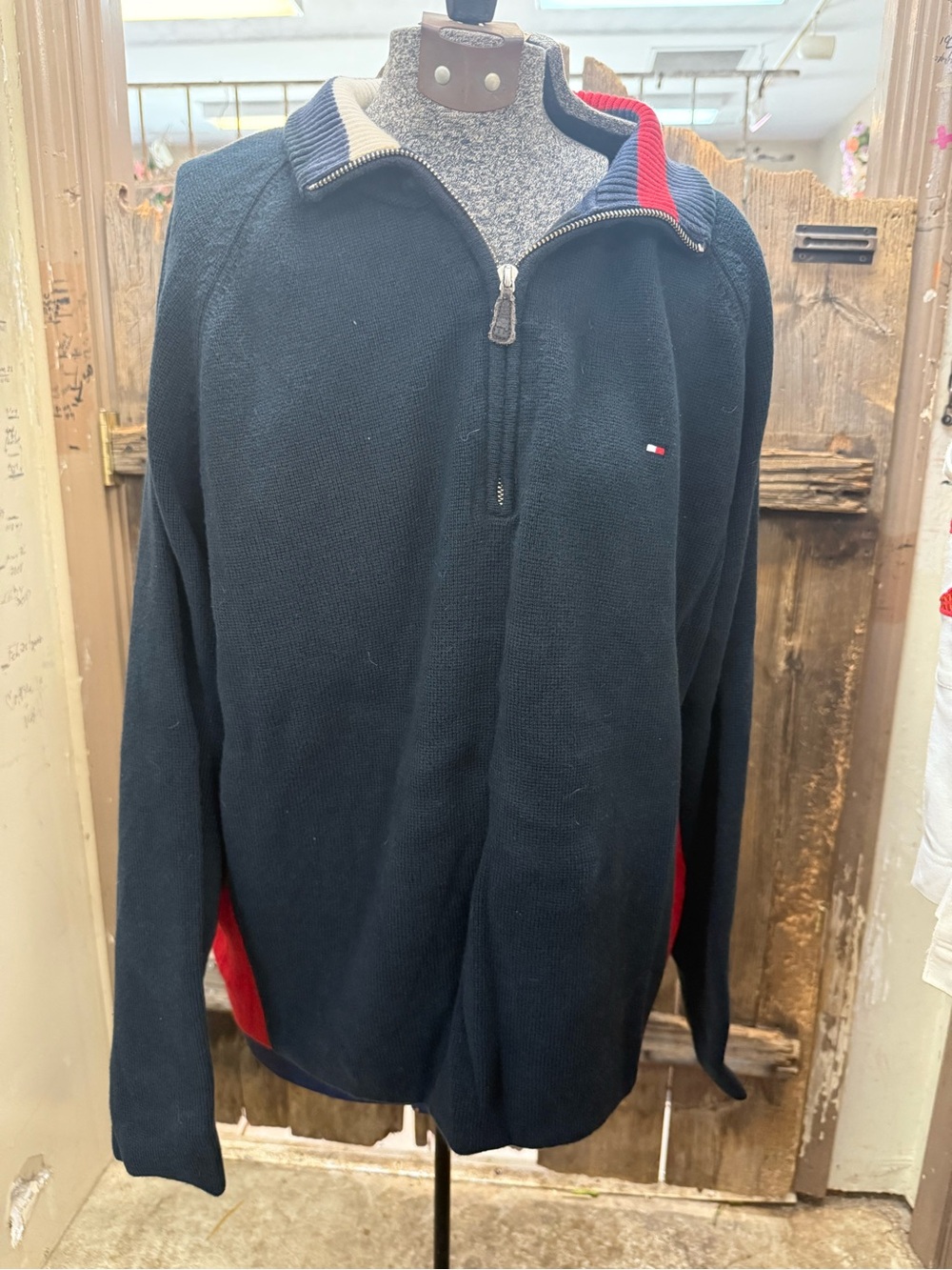 Tommy Hilfiger Navy Bomber-Style Zip Sweater with Red Accents